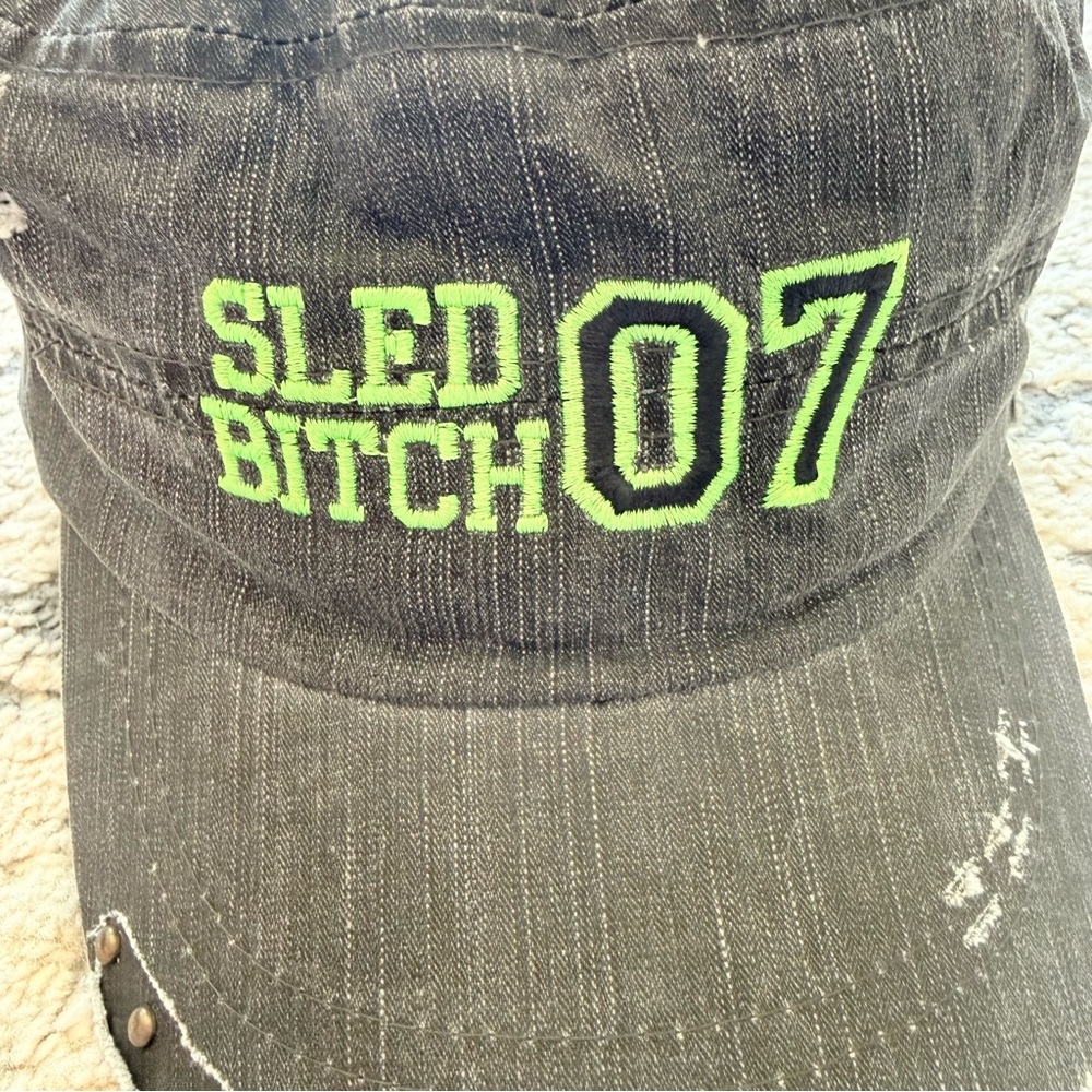Woman’s Distressed Military Style Black Hat with Green Embroidery - Picture 6 of 9